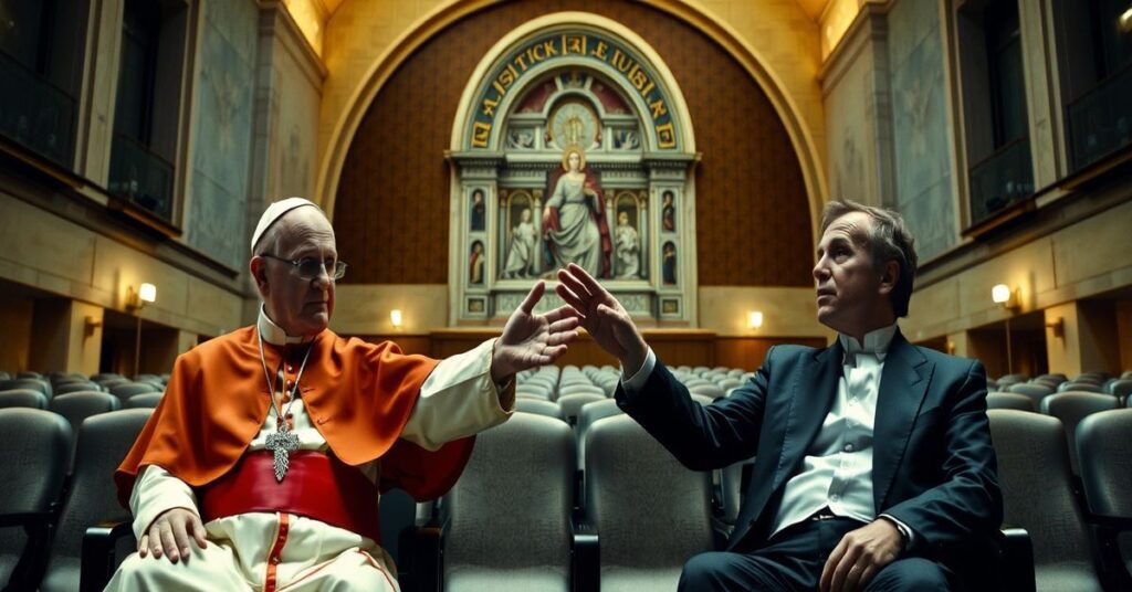 Rysunek przedstawiający Leona XIV i Davida Ryana podczas audiencji w Watykanie, symbolizujący hipokryzję pseudo-pastoralną.