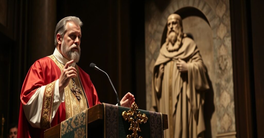 Scena przedstawiająca Roberta Prevosta (Leona XIV) podczas przemówienia na konferencji w Christendom College, z rzeźbą św. Augustyna w tle.