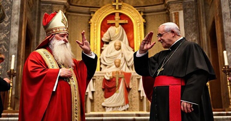 Patriarcha prawosławny Bartłomiej I i rzekomy 'Papa' Leon XIV podczas wspólnego ekumenicznego błogosławieństwa przed kościołem św. Jerzego w Stambule