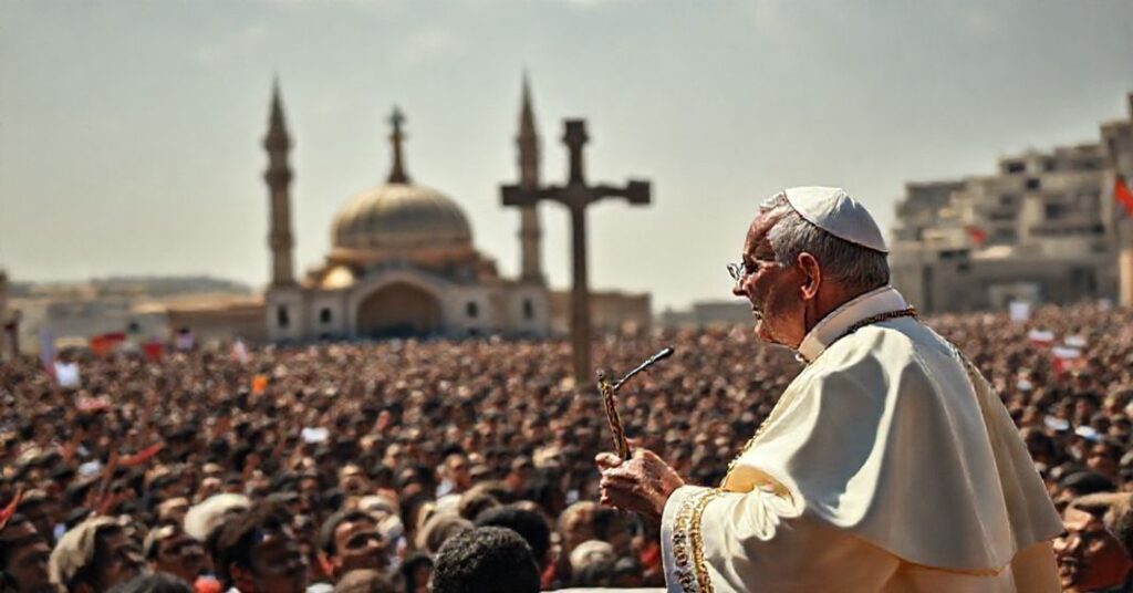 Obraz przedstawiający Leonem XIV przemawiającemu do tłumu w Bejrucie z hasłami modernistycznymi i indyferentyzmem religijnym.
