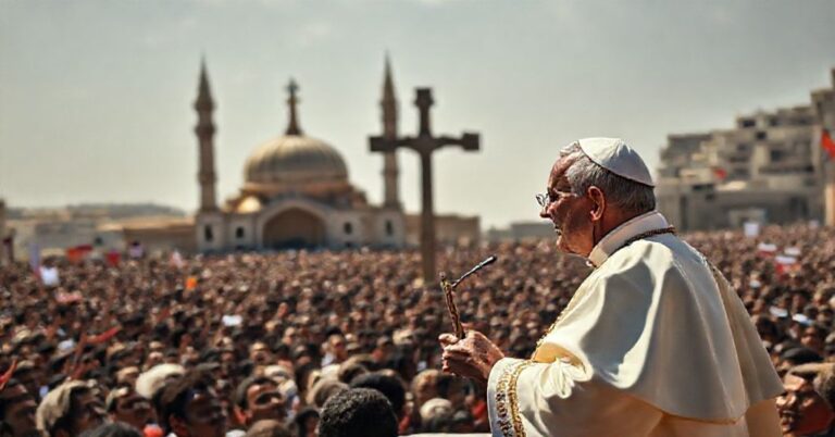 Obraz przedstawiający Leonem XIV przemawiającemu do tłumu w Bejrucie z hasłami modernistycznymi i indyferentyzmem religijnym.