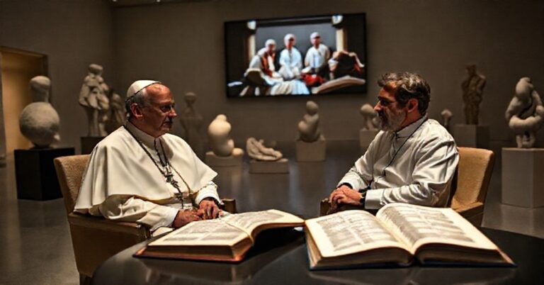 Leon XIV i Roberto Benigni w muzeum MAXXI w Rzymie w 2025 roku. Niejasny papież w biało-czerwonych szatach papieskich siedzi w nowoczesnej galerii sztuki otoczony abstrakcyjnymi rzeźbami, rozmawia z włoskim aktorem. Scena jest przyciemniona, podkreślając smutną atmosferę.