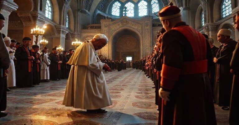 Ojciec Święty Leon XIV przechodzi do Błękitnego Meczetu w Stambule, zdając buty - symbolizuje fałszywe ekumenizm i zdrada misji ewangelizacyjnej Kościoła.