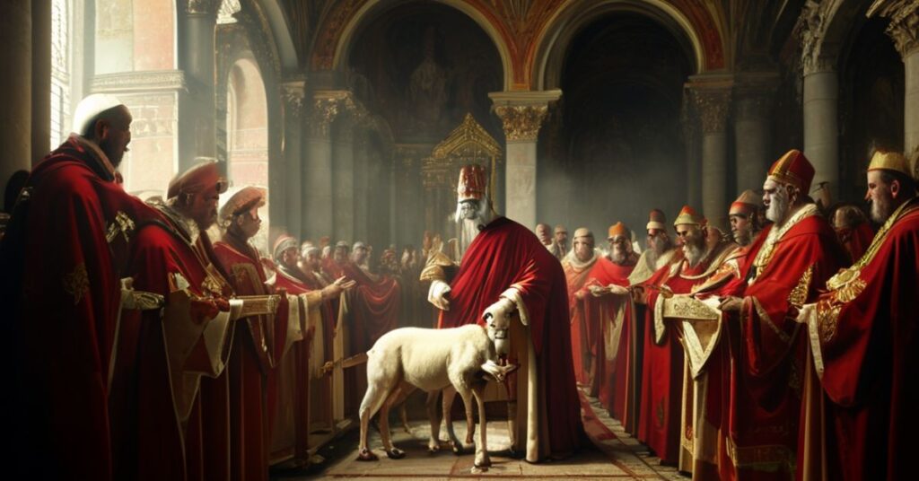 Scena z Kaplicy Urbana VIII w Watykanie, gdzie „Papa Leon XIV” błogosławi dwa baranki podczas święta św. Agnieszki, otoczony przez tradycyjnych duchownych katolickich.
