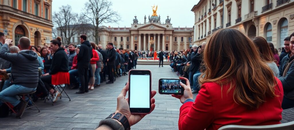 Obraz przedstawiający audiencję młodych pielgrzymów z Leonem XIV w Rzymie, gdzie uzurpator błogosławi relikwiarz z relikwiami Carla Acutisa i św. Stanisława Kostki.