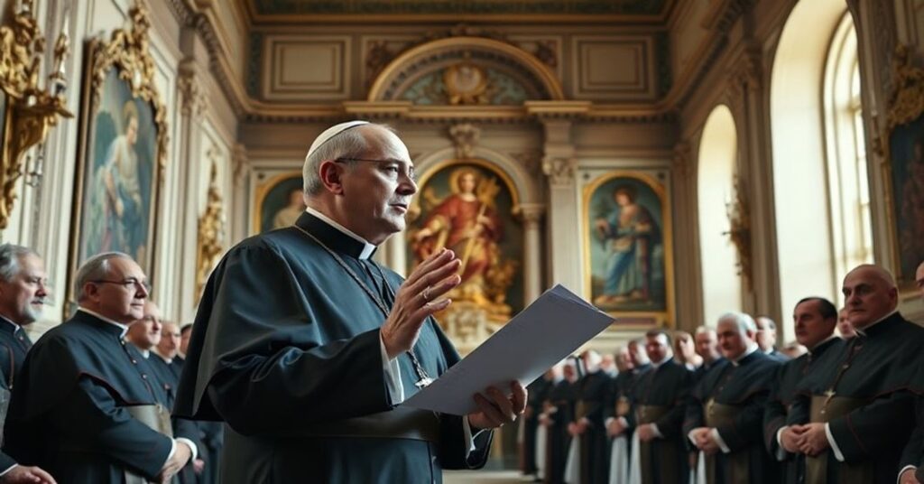 Solemny portret nieznanego duchownego przemawiającego do pracowników Watykanu w tradycyjnej sali. Scena podkreśla redukcjonizm Bożego Narodzenia do etosu pracy.