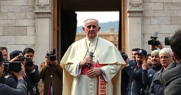 Uroczysty obraz "papieża" Leona XIV na tle Castel Gandolfo, krytykujący zaniedbanie nauki o Chrystusowym pokoju