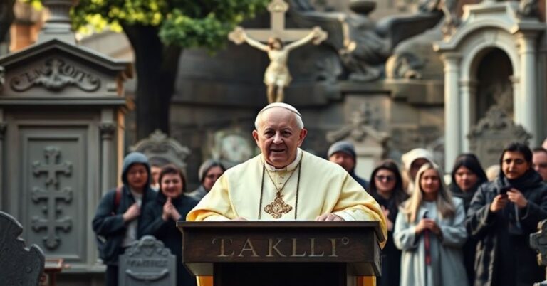 Obraz przedstawiający León XIV podczas kazania na cmentarzu Verano w Rzymie w dniu Wszystkich Wiernych Zmarłych. Scena jest ustawiona w tradycyjnym katolickim cmentarzu z ozdobnymi grobami i krzyżem na tle.