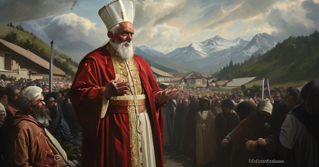 Leona XIV stojącego przed żałobnikami w Crans-Montana, symbolizujący duchową pustkę jego modernistycznych pociech