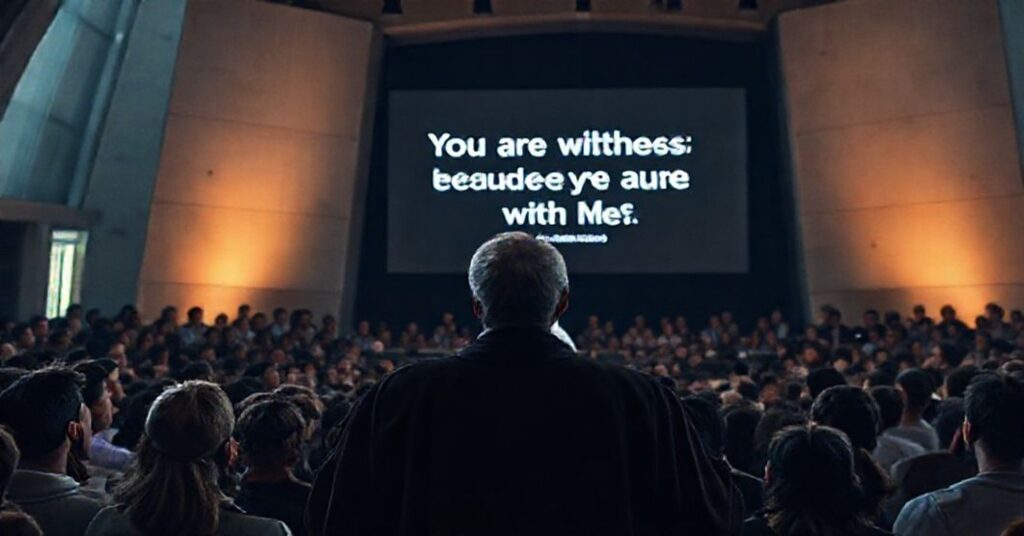 Scena z XL Dnia Młodzieży Światowej przedstawiająca Leona XIV na scenie. W tle widać nowoczesną architekturę i tekst 'Wy jesteście świadkami, bo jesteście ze Mną' (J 15:27). Atmosfera jest poważna i oszukująca.