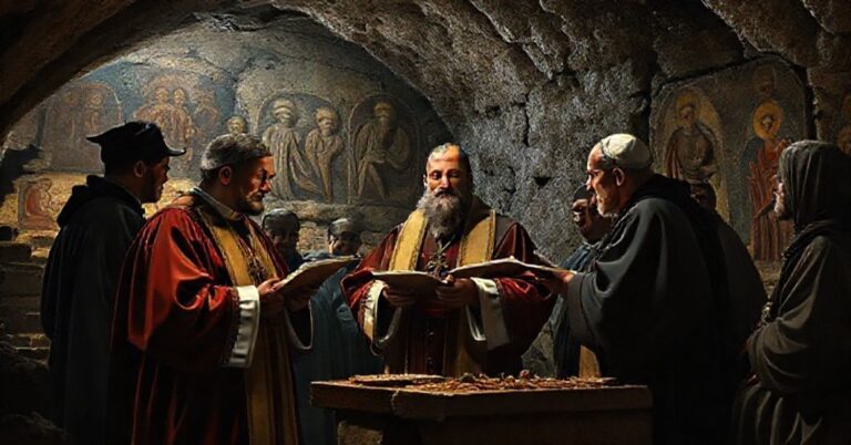 Tradycyjni katolickie uczone badają starożytne chrześcijańskie artefakty w historycznych katakumbach.