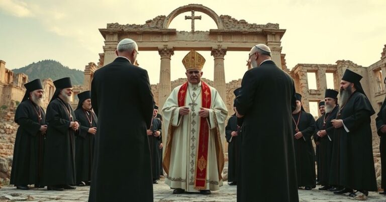 Zdjęcie przedstawia fałszywego papieża Leona XIV podczas heretyckiego ekumenicznego aktu w ruinach bazyliki św. Neofita w Turcji. Scena jest pełna współczesnego duchowieństwa modernistycznego i schizmatycznych przywódców.