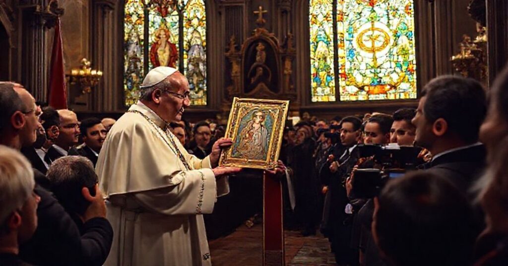 Scena przedstawiająca fałszywe ekumeniczne gesty 'papieża' Leona XIV podczas wizyty w Turcji i Libanie. Uroczysty katolicki klimat z witrażami i ikonami kontrastuje z ukrytymi symbolami herezji.