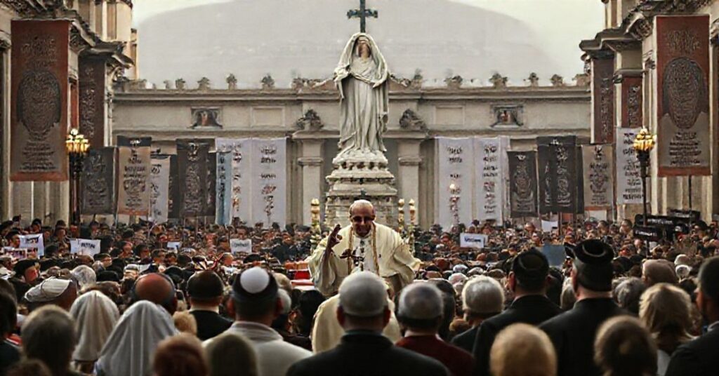 Scena tradycyjnego katolickiego ceremonialnego wydarzenia na Placu Świętego Piotra z fałszywym "papieżem" przemawiającym do tłumu pod rzeźbą wątpliwego obrazu Matki Bożej z Fatimy. Tło jest poważne z transparentami z fałszywymi wiadomościami pokojowymi, podczas gdy prawdziwe symbole katolickie jak tiara papieska i sztandary Chrystusa Króla są ledwo widoczne.