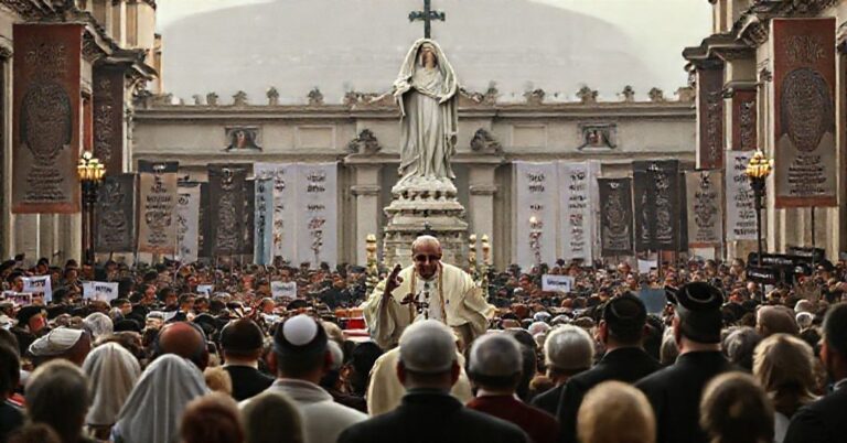 Scena tradycyjnego katolickiego ceremonialnego wydarzenia na Placu Świętego Piotra z fałszywym "papieżem" przemawiającym do tłumu pod rzeźbą wątpliwego obrazu Matki Bożej z Fatimy. Tło jest poważne z transparentami z fałszywymi wiadomościami pokojowymi, podczas gdy prawdziwe symbole katolickie jak tiara papieska i sztandary Chrystusa Króla są ledwo widoczne.