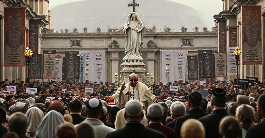 Scena tradycyjnego katolickiego ceremonialnego wydarzenia na Placu Świętego Piotra z fałszywym "papieżem" przemawiającym do tłumu pod rzeźbą wątpliwego obrazu Matki Bożej z Fatimy. Tło jest poważne z transparentami z fałszywymi wiadomościami pokojowymi, podczas gdy prawdziwe symbole katolickie jak tiara papieska i sztandary Chrystusa Króla są ledwo widoczne.