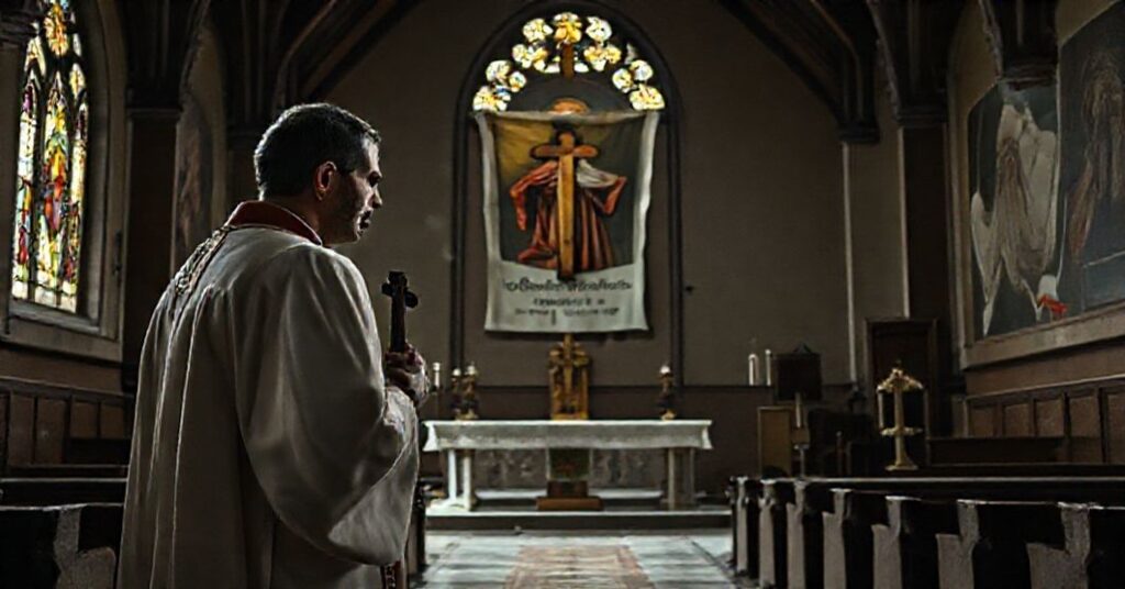 Ksiądz w tradycyjnych szatach liturgicznych przed pustym ołtarzem w opuszczonym kościele, symbolizujący upadek prawdziwej nadziei katolickiej.
