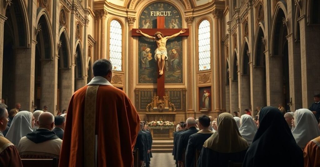 Scena katolicka przedstawiająca fałszywe nauczanie Leona XIV podczas modlitwy Anioł Pański w katedrze