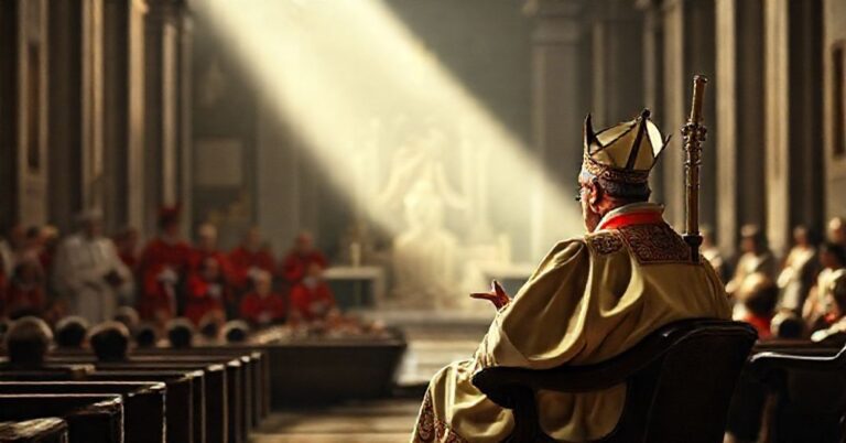 Sobór św. Piotra z przedstawieniem fałszywego papieża Leona XIV wygłaszającego herezjetyczne kazanie.