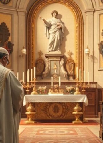 Fałszywy pokój Leona XIV - prawdziwa msza święta Obraz przedstawiający tradycyjną katolicką mszę świętą z kapłanem w tradycyjnych szatach oraz kontrastującą z nią modernistyczną homilię Leona XIV.