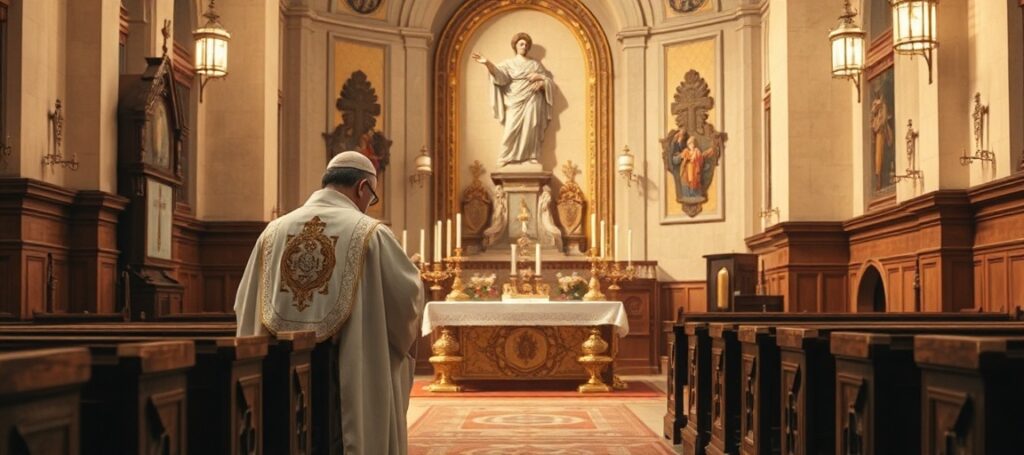 Obraz przedstawiający tradycyjną katolicką mszę świętą z kapłanem w tradycyjnych szatach oraz kontrastującą z nią modernistyczną homilię Leona XIV.