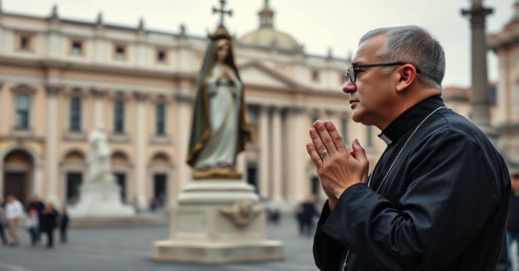 Scena na Placu św. Piotra przedstawiająca tradycyjnego katolickiego kapłana w sutannie modlącego się przed figurką Matki Boskiej z Fatimy. Atmosfera jest poważna i czcigodna.