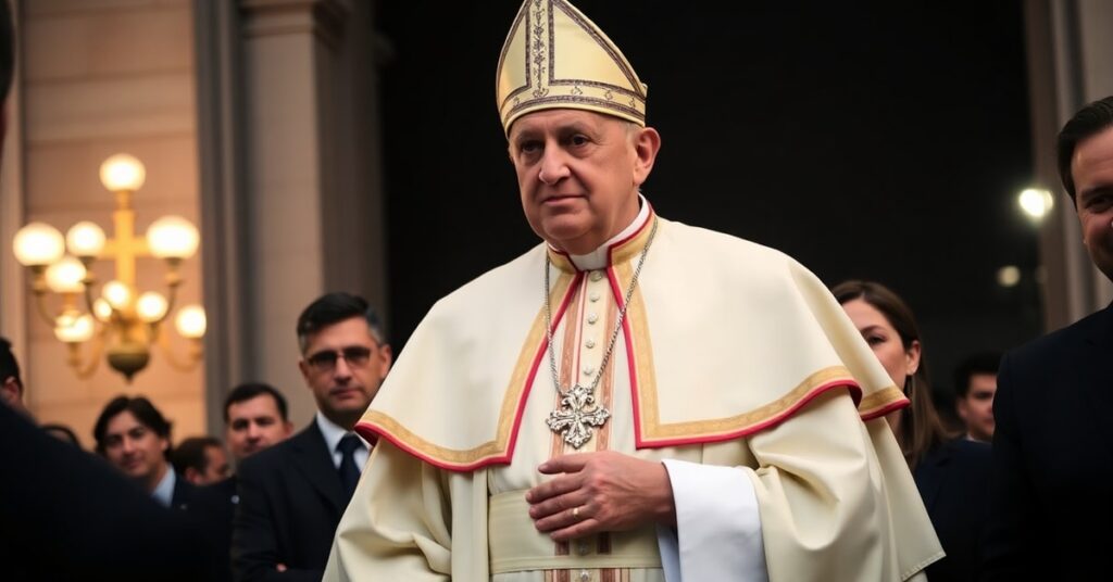 Obraz przedstawiający Leon XIV (Robert Prevost) podczas wizyty w Hiszpanii w 2026 roku. Scena uwzględnia króla Filipa VI, królową Letycję i premiera Pedra Sancheza. Uzurpator odwiedza schronisko dla bezdomnych i spotyka się z młodzieżą na Plaza de Lima.