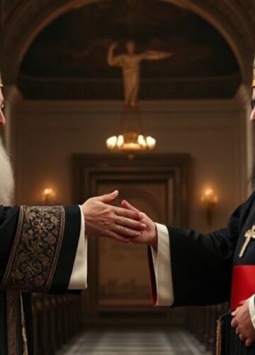 Leon XIV i Aram I: Spotkanie w duchu apostazji Obraz przedstawiający spotkanie uzurpatora Leona XIV z Aramem I w Watykanie w 2026 roku.