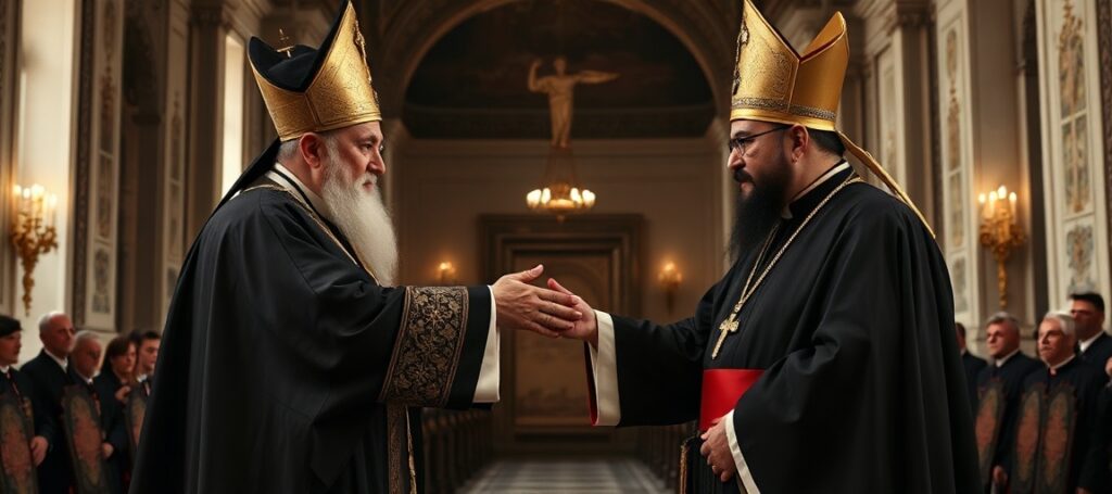 Obraz przedstawiający spotkanie uzurpatora Leona XIV z Aramem I w Watykanie w 2026 roku.