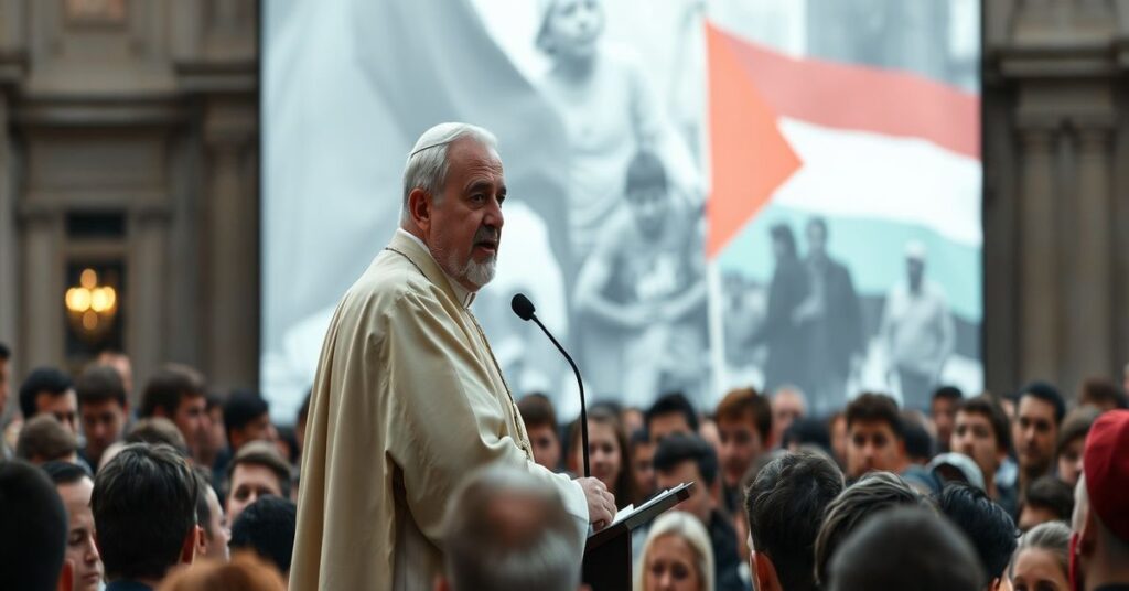 Scena z młodzieżą słuchającą Leon XIV w Rzymie na tle wojny w Gazie.