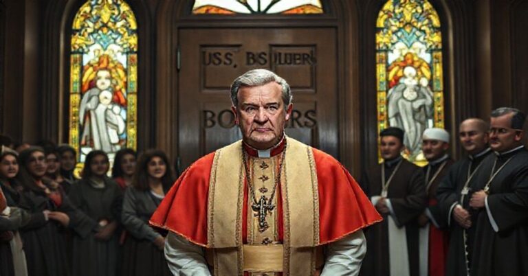 Leon XIV przed drzwiami z napisem 'Granice USA' z grupą imigrantów i biskupami w tle