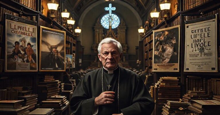 Scena katolicka przedstawiająca uzurpatora Leona XIV patrzącego z niechęcią na plakaty filmowe promujące naturalistyczne wartości w kontrastie z katolicką doktryną.