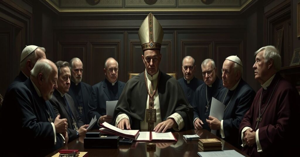 Realistyczne przedstawienie rzekomego papieża Leona XIV otoczonego przez jego współpracowników w Watykanie, ukazujące ich jako część sekty modernistycznej.