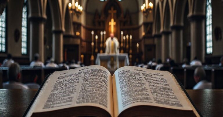 Wnętrze tradycyjnego kościoła katolickiego z księżem w ornacie stojącym przy ołtarzu, otoczonym klęczącymi wiernymi. Na pierwszym planie otwarta Biblia z widocznym imieniem Newmana, symbolizująca fałszywe promowanie herezji. Światło jest miękkie i naturalne, podkreślające uroczystość momentu.