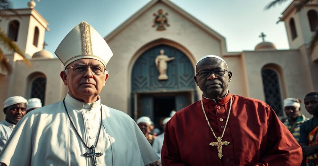 Obraz przedstawiający rzekomego papieża Leona XIV (Roberta Prevosta) i rzekomego kardynała Roberta Saraha w nowoczesnym kościele w Algierii z elementami afrykańskiego dziedzictwa kulturowego.