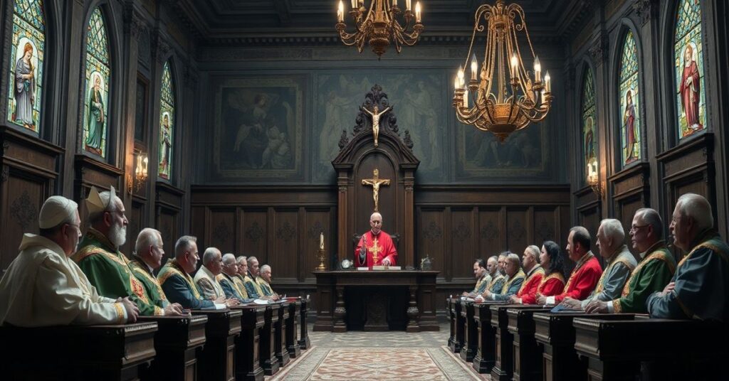 Obraz przedstawiający Leon XIV przed Rotą Rzymską w tradycyjnym katolickim trybunale