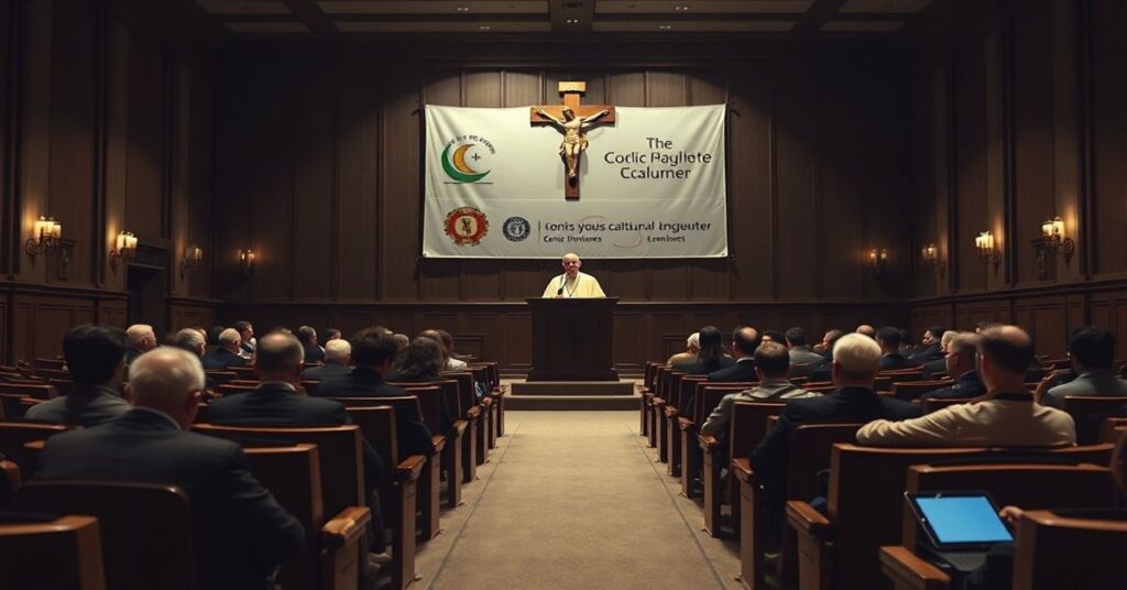 Solemne zdjęcie sali wykładowej na katolickim uniwersytecie w 2026 roku podczas przemówienia Leona XIV