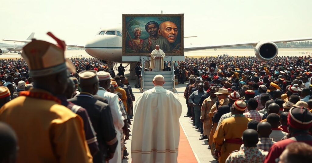 Zgromadzenie 20 tysięcy osób na lotnisku w Jaunde podczas wizyty 'Papieża' Leona XIV. Scena przedstawia wodza plemion i ewangeliarz z pracami jezuitów w otoczeniu pustki duchowej.