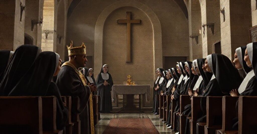 Leon XIV odwiedza sióstr karmelitanek w Harissie w nowoczesnej kaplicy modernistycznej. Scena jest poważna i uroczysta.