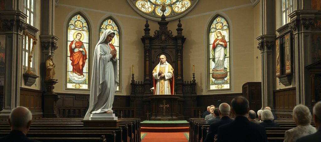 Obraz przedstawiający Leon XIV podczas katechezy o Maryi w tradycyjnym kościele katolickim