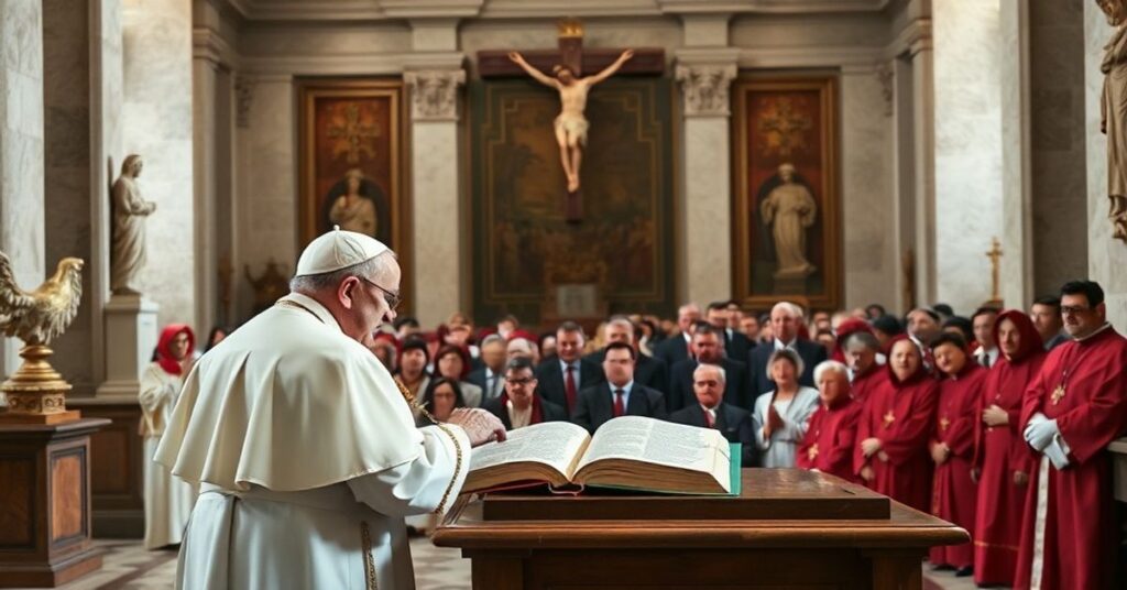 Uroczysty katolicki obraz przedstawiający Leona XIV podczas katechezy w Watykanie, z tradycyjnymi wymiarami religijnymi.