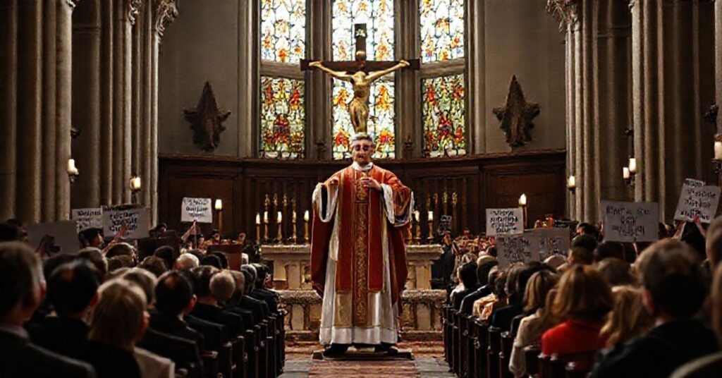 Wnętrze katedry katolickiej z ołtarzem i Leonem XIV wygłaszającym przemówienie o aktywizmie społecznym.