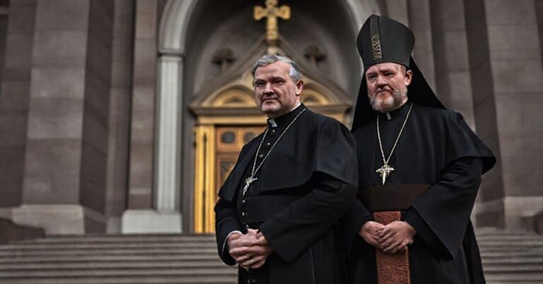 Robert Prevost jako Leon XIV przed katedrą w Kijowie z patriarchą Wołodymyrem Zełenskim