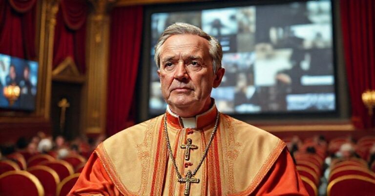 Portret Leona XIV podczas wystąpienia o sztuce filmowej, w środowisku teatralnym z kontrastującymi elementami tradycji i modernizmu.