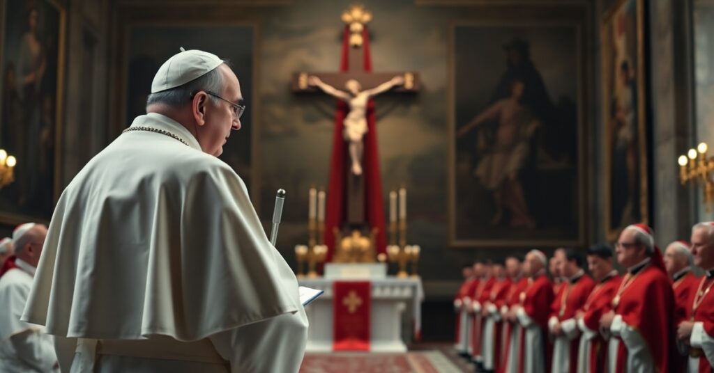 Fałszywy papież Leon XIV wygłasza przemówienie podczas konsystorza w Watykanie otoczony modernistycznymi kardynałami