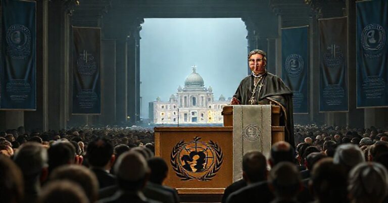 Zdjęcie przedstawia fałszywego papieża Leona XIV podczas przemówienia na tzw. Jubileuszu Ubogich, promującego pseudoteologię posoborową.