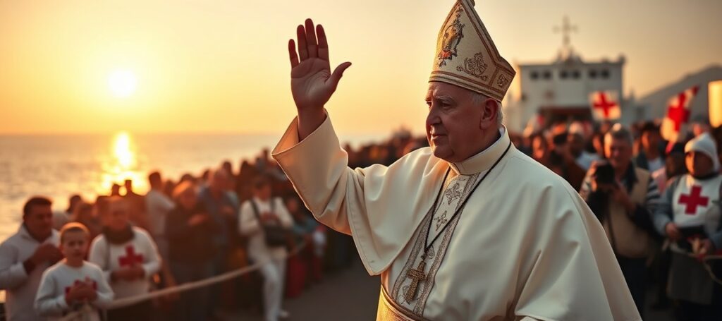 Uzurpator "papież" Leon XIV błogosławiący migrantów na Lampedusie w 2026 roku - fotorealistyczne zdjęcie krytykujące modernistyczną herezję