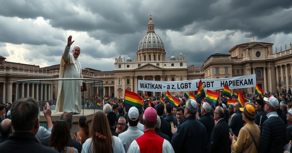Zestresowani wierni katolicy podczas tzw. "papieskiej" mszy w Watykanie z Leonem XIV i aktywistami LGBT