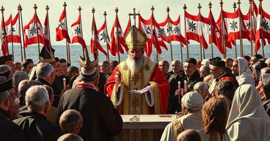 Scena przedstawiająca fałszywą pielgrzymkę Leona XIV w Libanie z tradycyjną liturgią na tle flag i symboli religijnych.