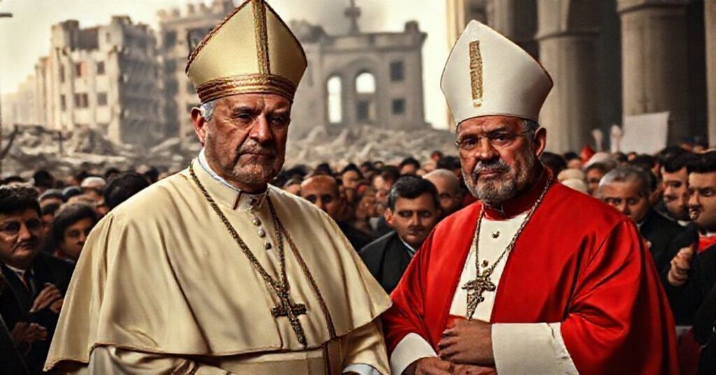 Portret Leona XIV podczas kontrowersyjnej wizyty w Libanie z kardynałem Raï, na tle zniszczeń portu bejruckiego - symbolizuje porażkę modernizmu
